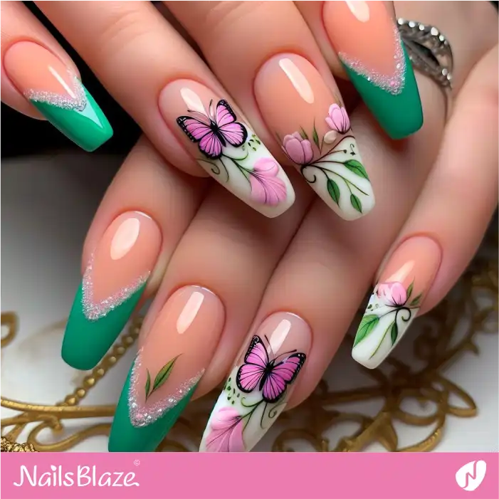 Peach Fuzz Butterfly Nails with Green V-shaped Tips | Color of the Year 2024 - NB1803